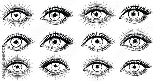 Black hand drawn mystical eye collection with eyelashes and sunburst rays isolated on white background for occult and boho designs.