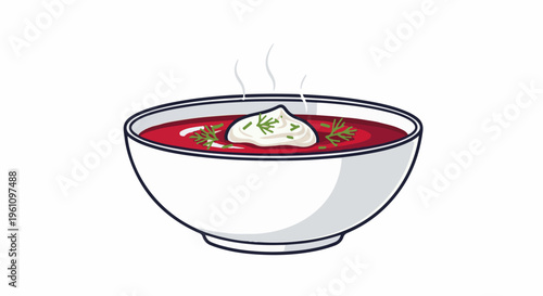 Steaming bowl of red soup with white creamy topping and herbs