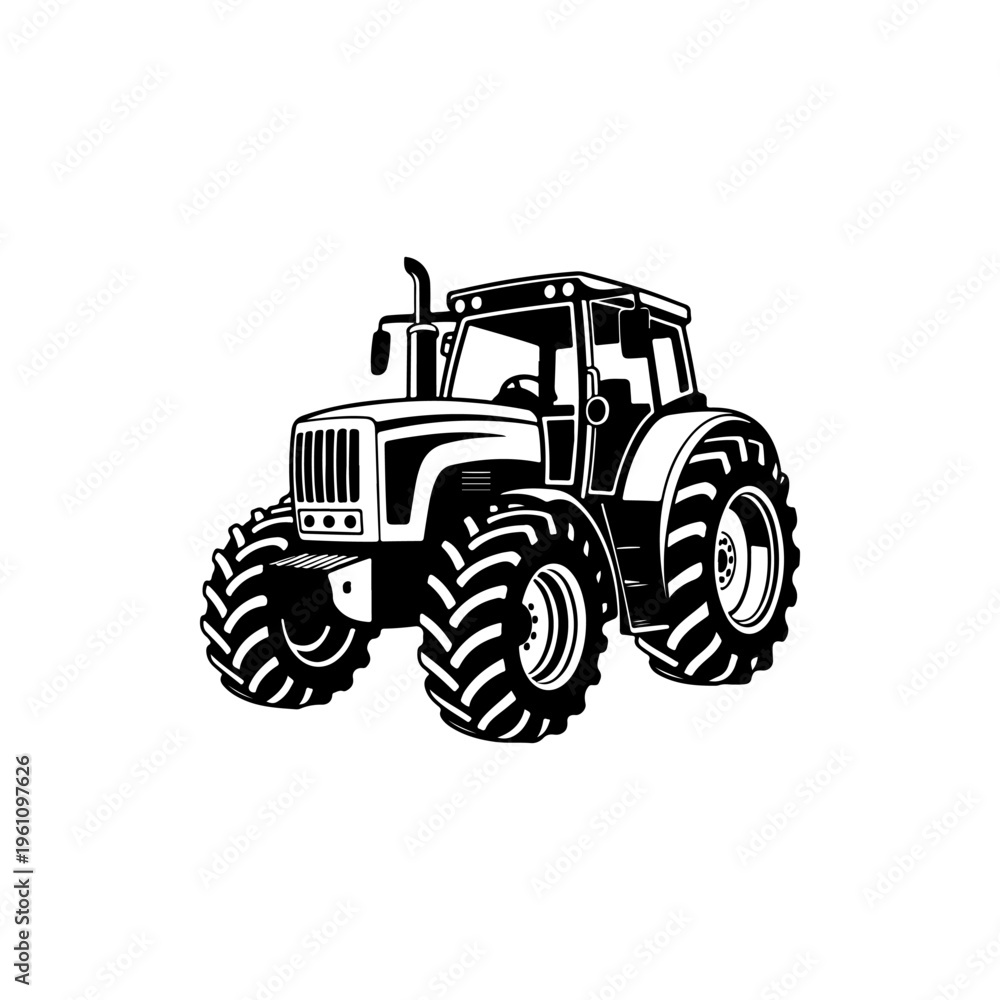 Obraz premium A black and white vector illustration of a modern agricultural tractor with large tread tires. A powerful silhouette perfect for farming, machinery, and agrotech logos.