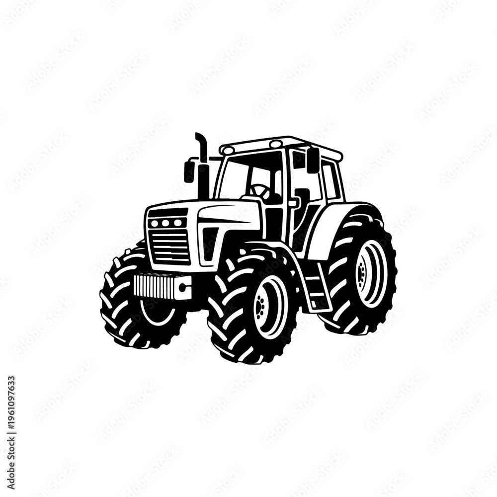 Obraz premium A black and white vector illustration of a modern agricultural tractor with large tread tires. A powerful silhouette perfect for farming, machinery, and agrotech logos.
