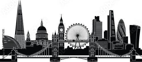 Black silhouette of London skyline featuring Big Ben, Tower Bridge, London Eye, and The Shard, isolated on white background, vector.