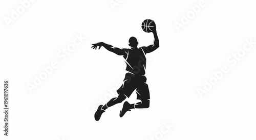 Silhouette of a basketball player performing a slam dunk