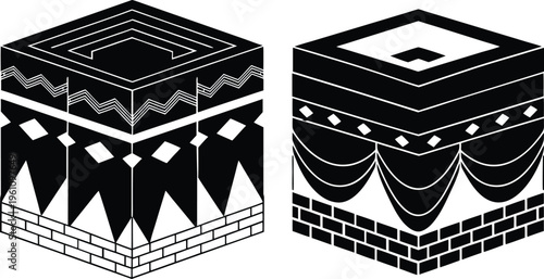 Monochrome Kaaba Icon Illustration with Geometric Patterns and Religious Symbolism for Islamic Design