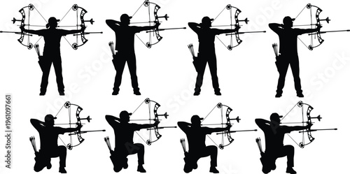 Black silhouette set of male and female archers standing and kneeling, shooting compound bows with arrows, isolated on white background.