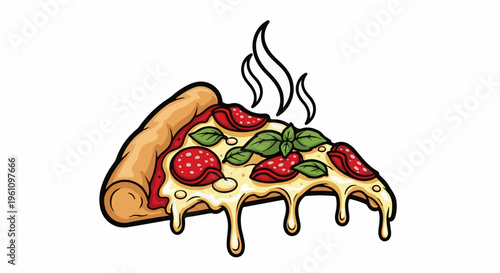Steaming slice of pizza with pepperoni, cheese, and basil toppings