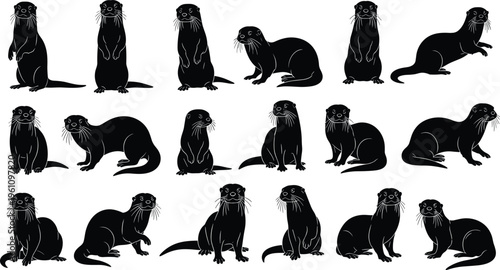 Black silhouette set of playful otters in various poses including standing and sitting, isolated on a clean white background, vector.