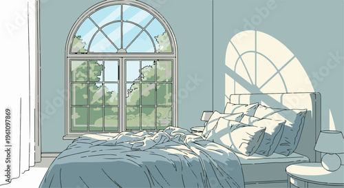 Serene bedroom with arched window and sunlit bed