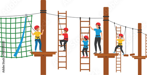 Vector illustration of people navigating high ropes course with ladders, cargo net, platforms, harnesses, and teamwork adventure