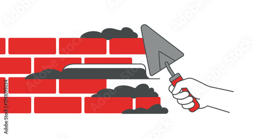 Bricklayer Hand with Trowel Building Red Brick Wall Illustration - Construction, Masonry, and Foundation Concept Vector