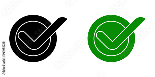 A collection of verified checkmark icons, circular OK or success symbols displayed individually on a white background for user interface design.