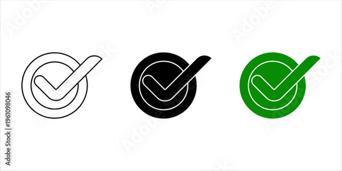 Set of check mark icons in different styles: outline, solid black, and flat green circle.