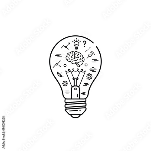 Human brain inside lightbulb with technology icons and scientific data analysis elements.