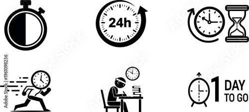 Black and white illustrations of various clocks and time concepts