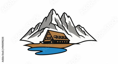 Rustic mountain lodge nestled beside a serene alpine lake