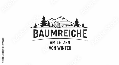 Rustic mountain landscape with trees and a log, logo for a winter retreat