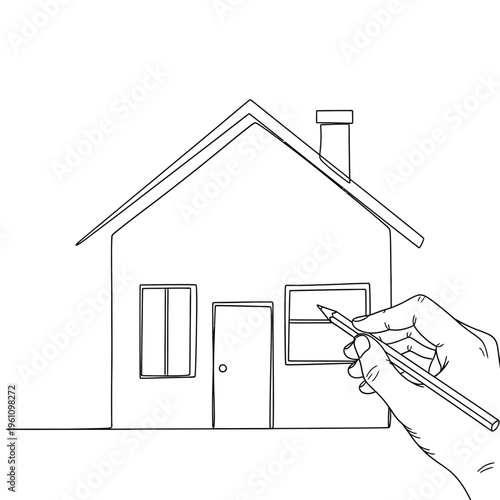 Pencil sketching front view of suburban house outline showing door and window placements.