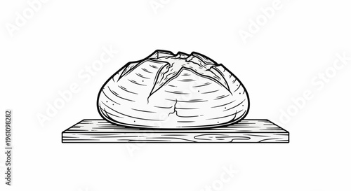 Rustic loaf of bread with scoring marks resting on a wooden board