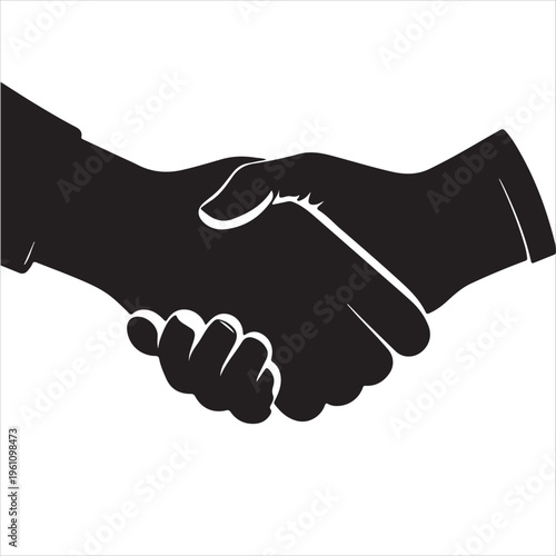 A vector illustration of a black silhouette handshake between two businessmen symbolizes a successful business deal, partnership agreement, and teamwork through the shaking of hands