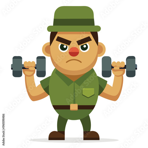 Angry Drill Instructor Sergeant Cartoon Character Holding Dumbbell Gym Mascot Vector Illustration