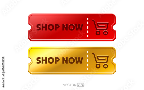 Glossy red and gold Shop Now buttons with shopping cart icons, ideal for online shopping promotions and e-commerce design.