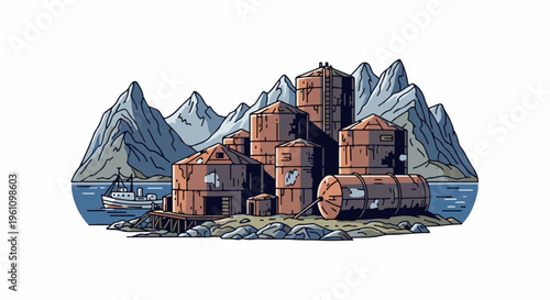 Rustic industrial complex with ship in bay near rocky mountains