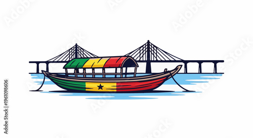 Stylized boat with national flag colors docked near a suspension bridge