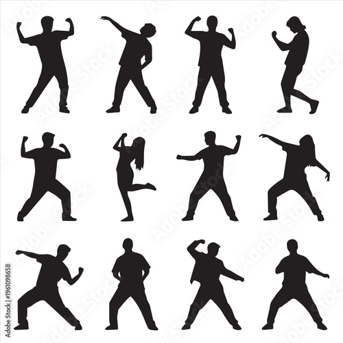A diverse collection of black vector silhouettes featuring men, women, and children in various fitness, sport, dance, and business poses for a professional action illustration set