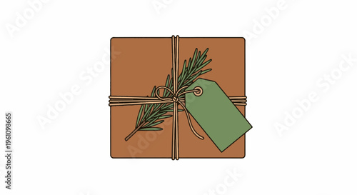 Rustic brown package tied with string, adorned with rosemary sprig and tag