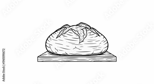 Rustic loaf of bread with deep scoring sits on a simple wooden board