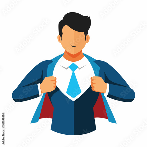 Superhero Businessman Tearing Shirt Reveal Power Suit Vector Illustration Cartoon Clipart Line Art Design with Copy Space