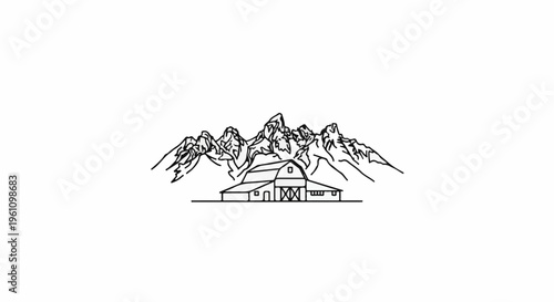 Rustic barn sits below jagged, snow-capped mountains in a simple line drawing