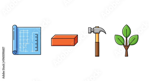 Sustainable Construction and Development Icons Set with Blueprint, Brick, Hammer, and Tree Illustration