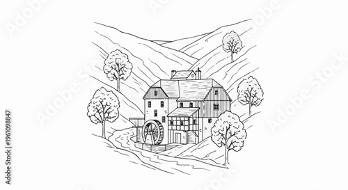 Rural watermill nestled in a valley with rolling hills and trees