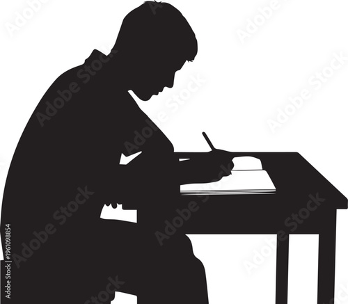 Student doing homework vector silhouette illustration line art on transparent background