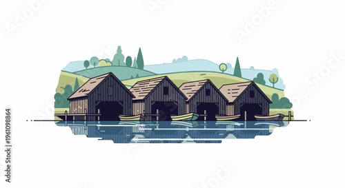 Rustic boathouses with small boats reflected on calm water