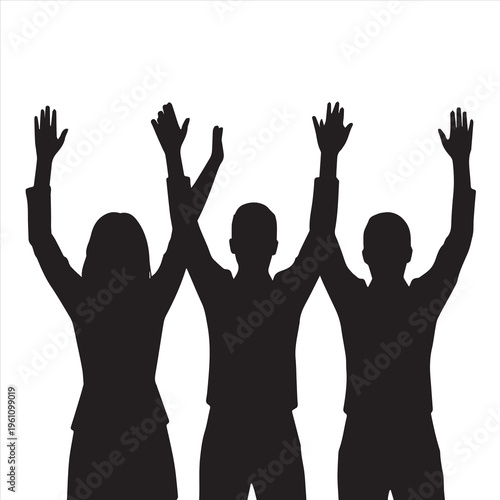 Vector illustration of a group of volunteer people and children with raised hands in a silhouette crowd gesture representing charity teamwork and a voting sign for help