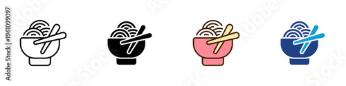 Noodle Bowl Multiple Style Icon Design Vector - Noodle bowl with chopsticks representing asian cuisine, quick meal serving, and comfort food dining