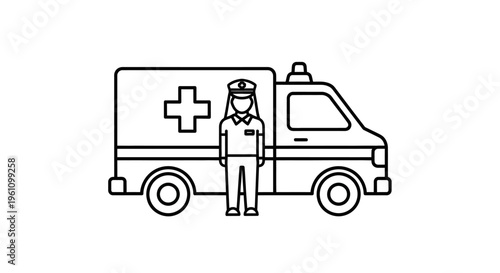 Paramedic standing next to ambulance vehicle.