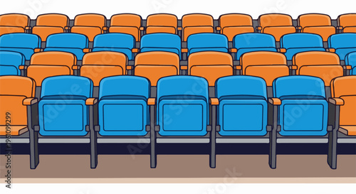 Rows of empty blue and orange stadium seats