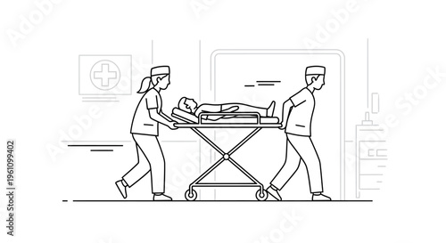 Medical staff moving patient on stretcher.