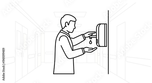 Man using automatic hand sanitizer dispenser.