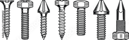 Set of Black and White Vector Illustrations of Various Screws Bolts and Metal Fasteners Isolated on White for Industrial Design