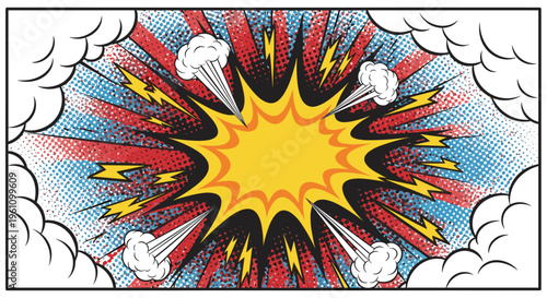 Comic book explosion with lightning bolts and clouds in vibrant colorful comic book style for graphic design