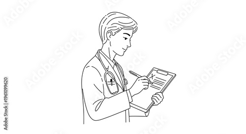 Doctor writing on medical clipboard.