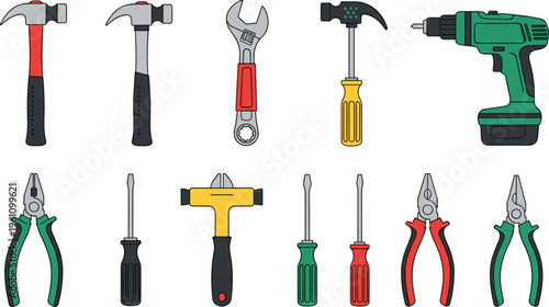 Vector illustration of assorted hand tools including hammers, wrenches, pliers, screwdrivers, and drill arranged in rows for construction and repair design