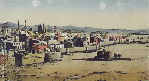 a panoramic view of the old city of
Medina, Saudi Arabia, as it appeared in the early 20th century.