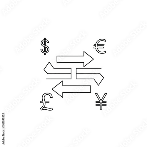 Currency exchange icon vector with dollar euro pound and yen symbols on transparent background.