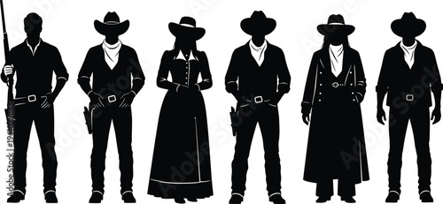 Set of cowboy and cowgirl silhouettes cad drawing flat vector illustration western outlaw characters with hats boots and rifles collection