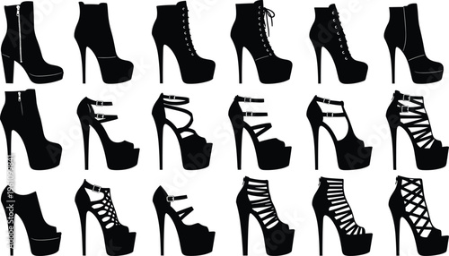 Set of high heel platform boots and sandals cad drawing flat vector illustration women fashion shoes silhouettes with straps and laces