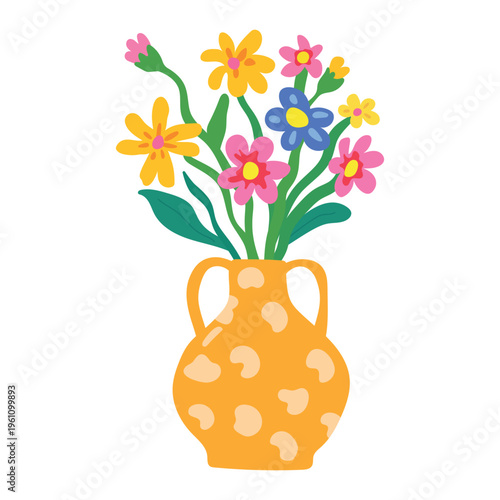 Yellow ceramic jug with cute dopamine spring flowers bouquet